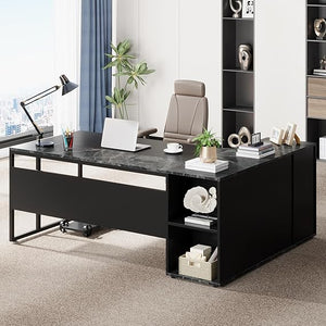 Tribesigns 71 inch Executive Desk, L Shaped Desk with Cabinet Storage, Executive Office Table with Shelves, Business Furniture Set Workstation for Home Office, Gray