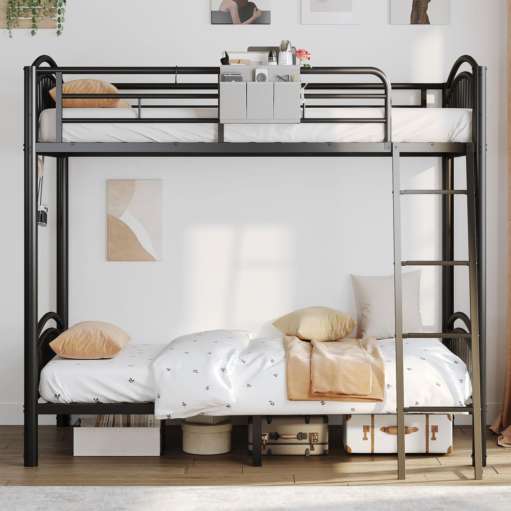 Twin Over Twin Metal Bunk Bed with Storage & Convertible Ladder