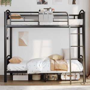 Twin Over Twin Metal Bunk Bed with Storage & Convertible Ladder