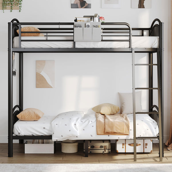 Twin Over Twin Metal Bunk Bed with Storage & Convertible Ladder