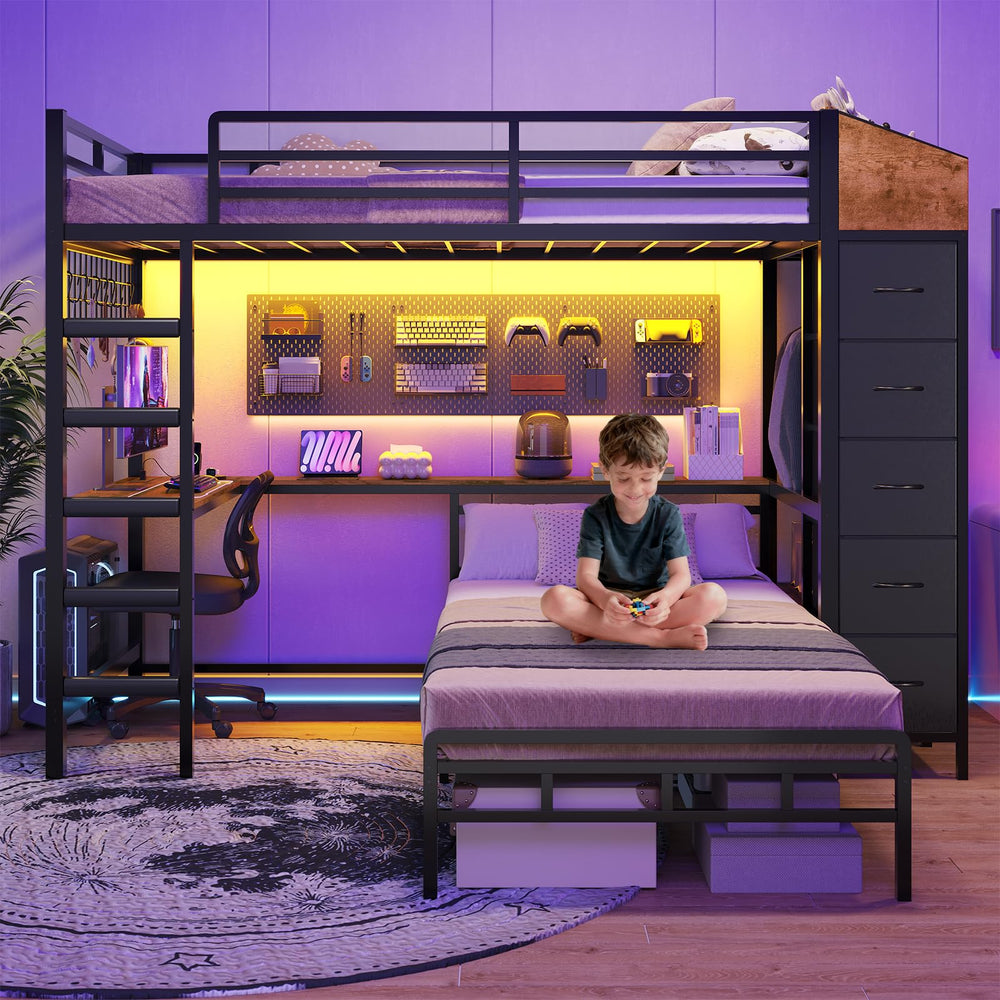 L-Shaped Twin Over Twin Bunk Bed with Storage, Desk & LED Lights