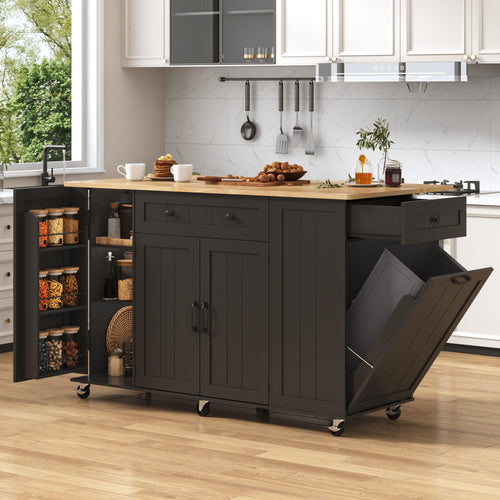 59" Rolling Kitchen Island Table on Wheels with Drop Leaf & Power Outlet