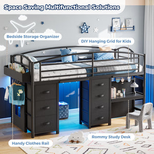 Twin Low Loft Bed with 7 Storage Drawers, Desk & LED Lights
