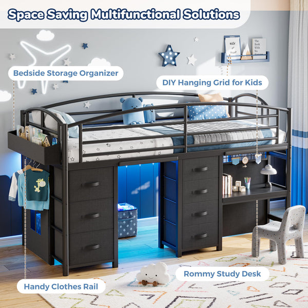 Twin Low Loft Bed with 7 Storage Drawers, Desk & LED Lights