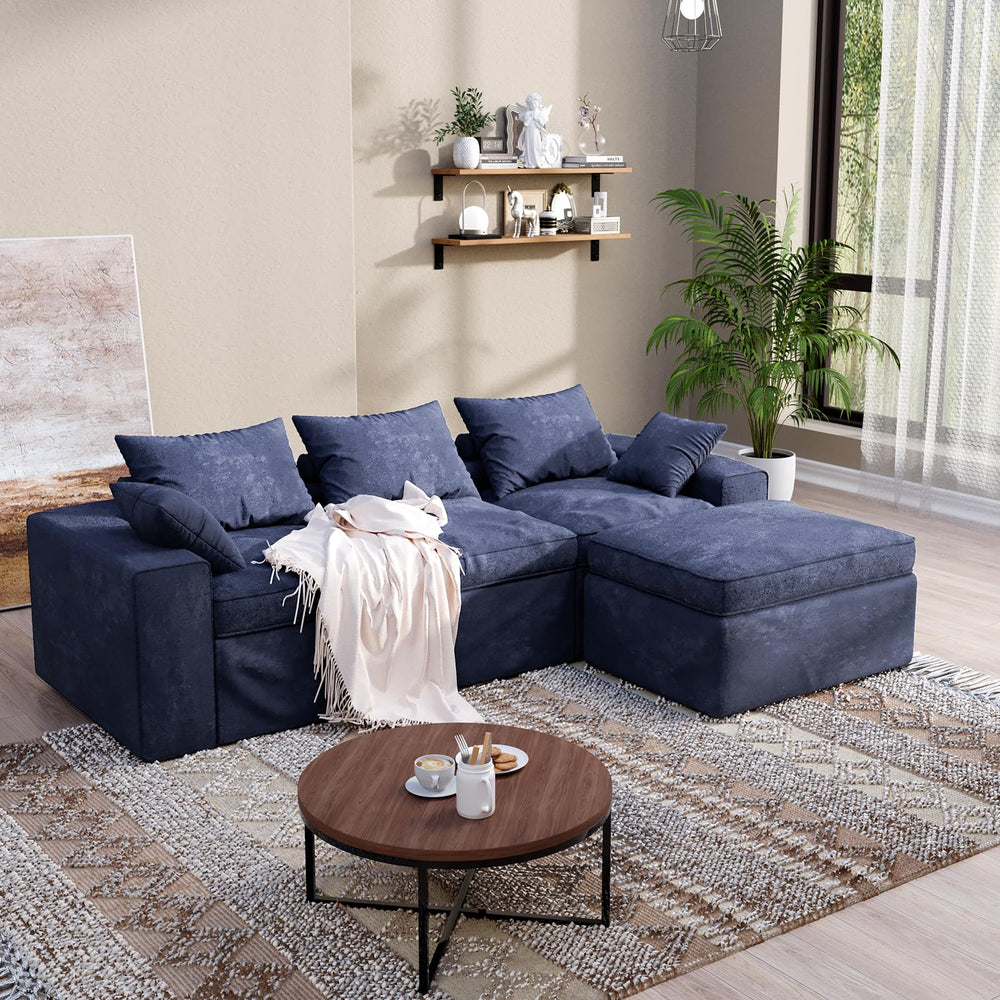 Modular Cloud Sectional Sofa with Ottoman – L-Shape, 3-Seater, Blue