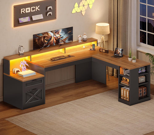 L-Shaped Corner Desk with Storage, Drawers & LED Lights