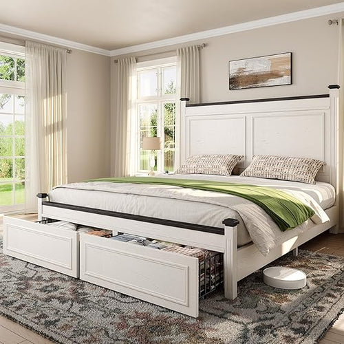 Queen Size Bed Frame with Storage Drawers and Upholstered Headboard