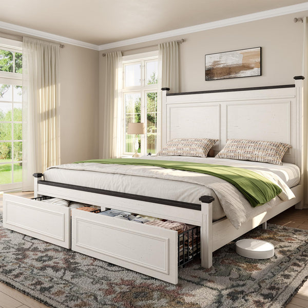 Queen Size Bed Frame with Storage Drawers and Upholstered Headboard
