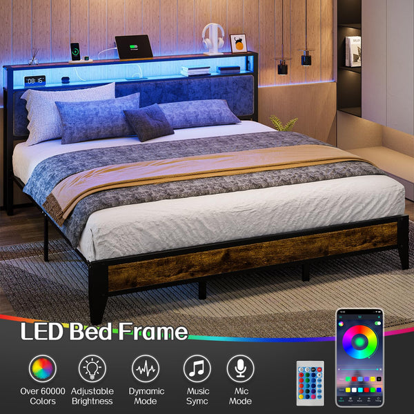 King Bed Frame with LED Headboard & Charging Station