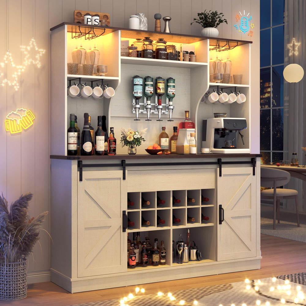 Farmhouse Coffee Bar Cabinet with LED Light & Sliding Barn Doors