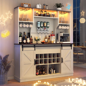 Farmhouse Coffee Bar Cabinet with LED Light & Sliding Barn Doors