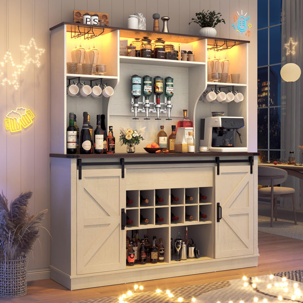 Farmhouse Coffee Bar Cabinet with LED Light & Sliding Barn Doors