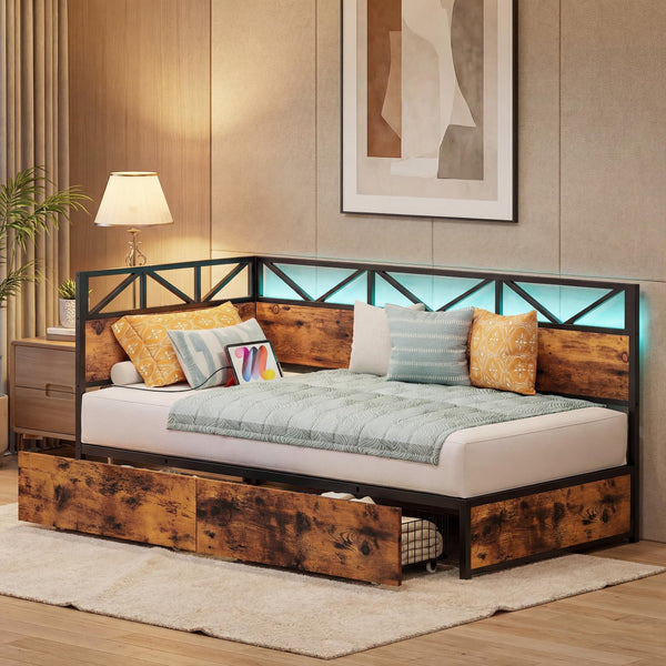 Twin Daybed with Storage Drawers, Charging Station & LED Lights