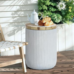 Outdoor Side Table with Storage Cement Patio End Table Wood Lid Accent Table