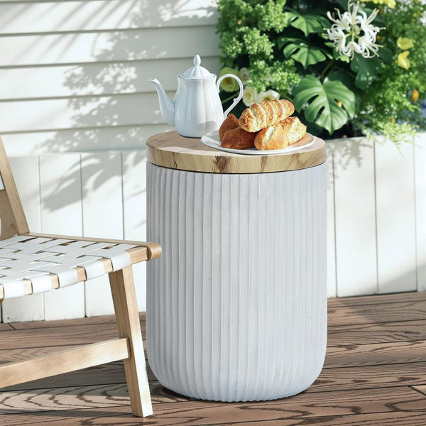 Outdoor Side Table with Storage Cement Patio End Table Wood Lid Accent Table