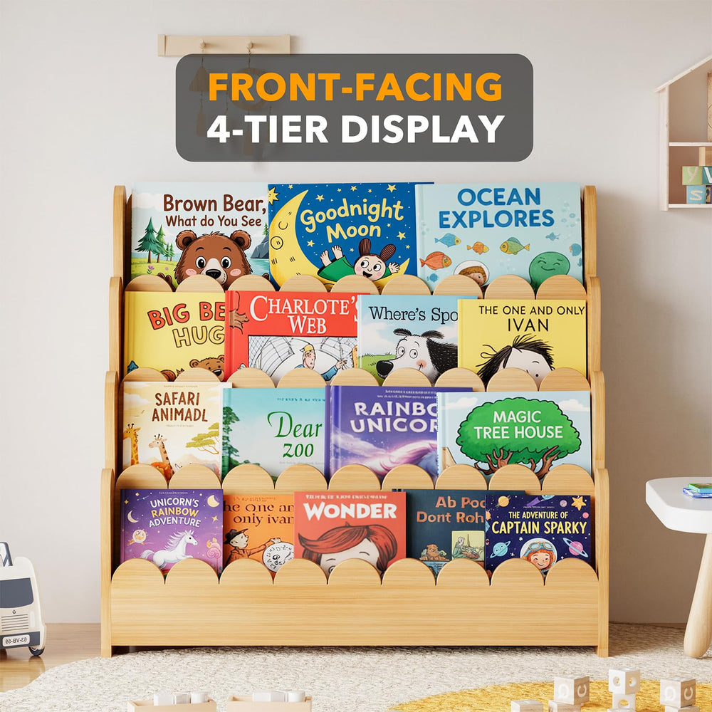 4-Tier Scalloped Kids Bookshelf – Front-Facing Wooden Bookcase