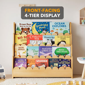 4-Tier Scalloped Kids Bookshelf – Front-Facing Wooden Bookcase