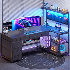 L-Shaped Desk with Hutch, 5 Drawers, Storage Shelves, Power Outlet & LED Lights