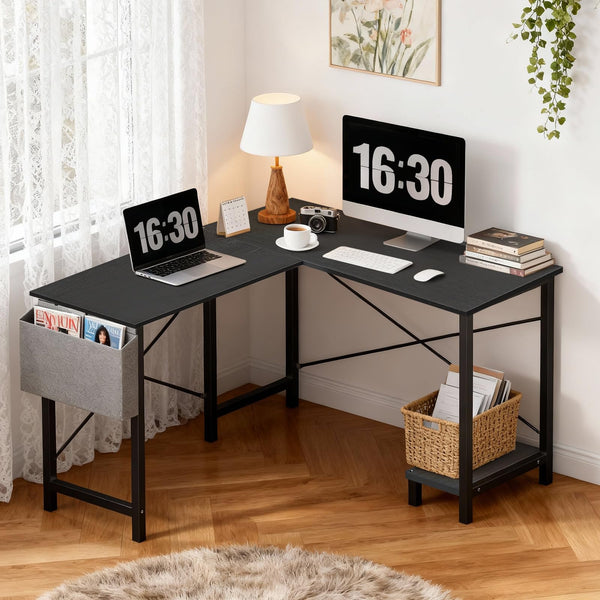 L-Shaped Corner Desk 50 Inch with Side Bag and Reversible CPU Shelf