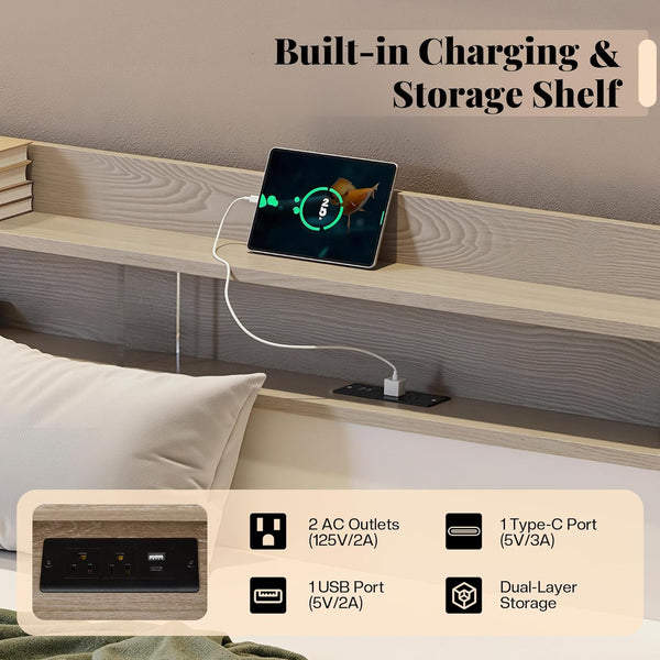 Twin Daybed with Trundle, Upholstered Velvet Bed Frame, LED Night Light, Storage Headboard, USB Charging