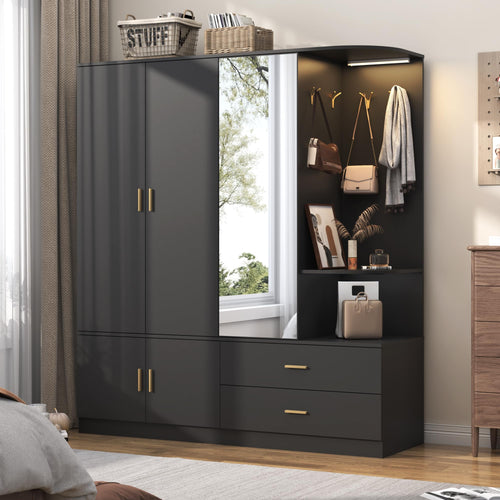 Large Wardrobe Closet with Mirror & Sensor Light – 5 Doors, 2 Drawers