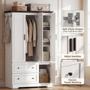 Armoire Wardrobe Closet with Drawers, Hanging Rod & Soft-Close Doors