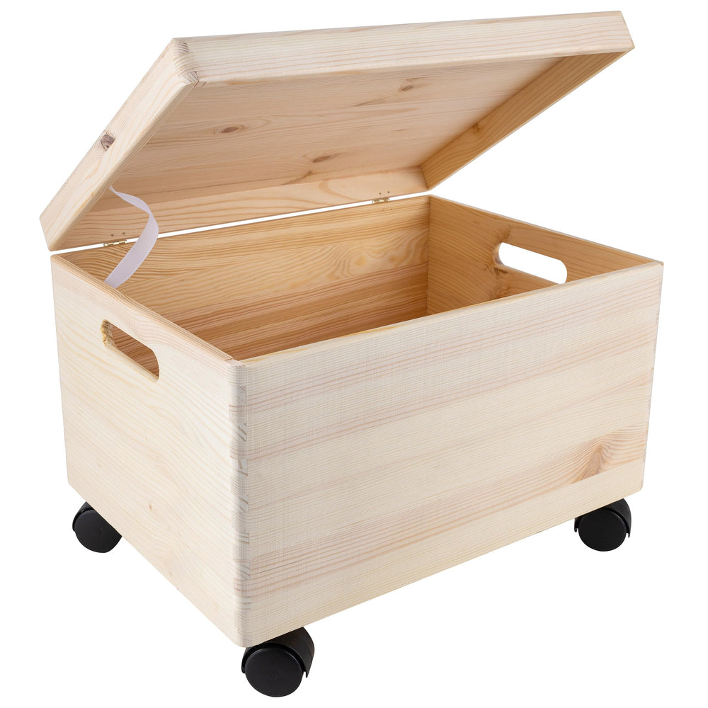 XXL Wooden Storage Box with Hinged Lid, Wheels & Handles
