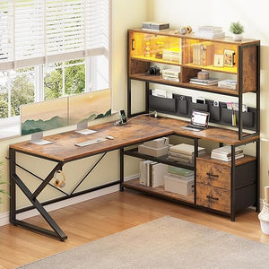 L-Shaped Gaming Desk with Bookshelf, Glass Cabinet, LED Lights, Drawers & Power Strip