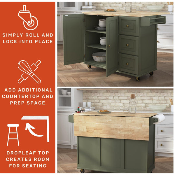 Rolling Kitchen Island Cart with Drop-Leaf Breakfast Bar