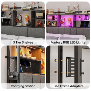 Upholstered Headboard with Storage Shelves, USB Charging & LED Light