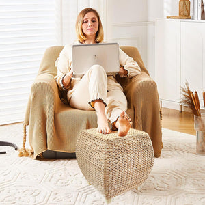 Handwoven Seagrass Pouf Ottoman – Natural Cattail Footstool