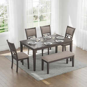 6-Piece Transitional Dining Table Set with Bench and Upholstered Chairs, Seats 6