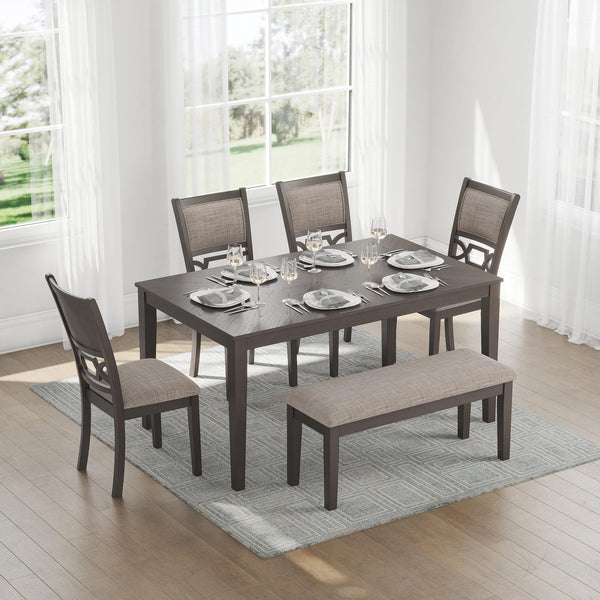 6-Piece Transitional Dining Table Set with Bench and Upholstered Chairs, Seats 6