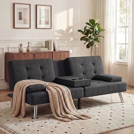 Convertible Futon Sofa Bed with Adjustable Backrest & Armrest