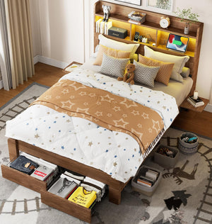 Queen Bed Frame with Storage Headboard, LED Lights & Charging Station