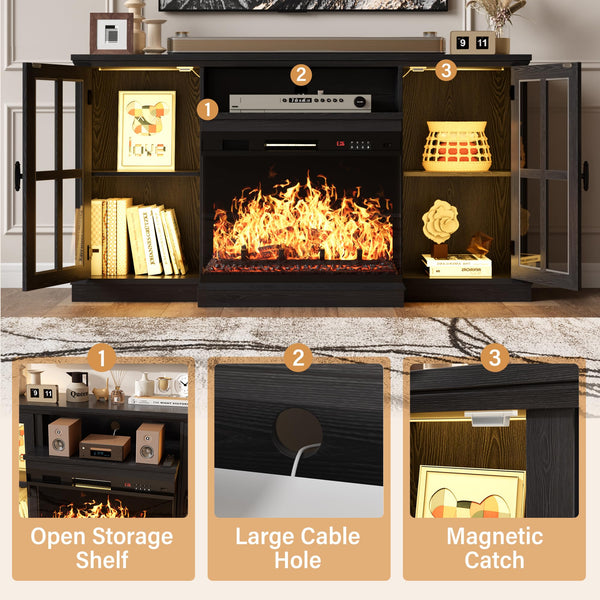Fireplace TV Stand with 3-Sided Glass & LED Lights