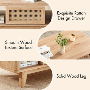 Mid-Century Coffee Table with Rattan Drawer
