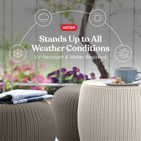 Outdoor Pouf Ottoman Set with Storage Table – 3-Piece Resin Seating
