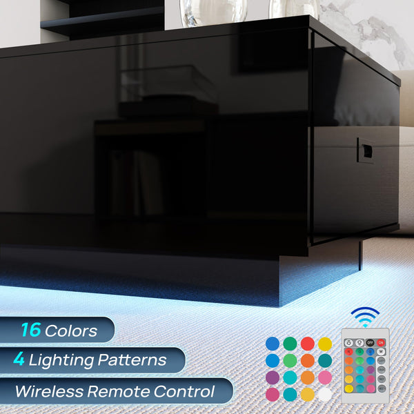 41" LED Coffee Table with 2 Drawers – High Gloss Black