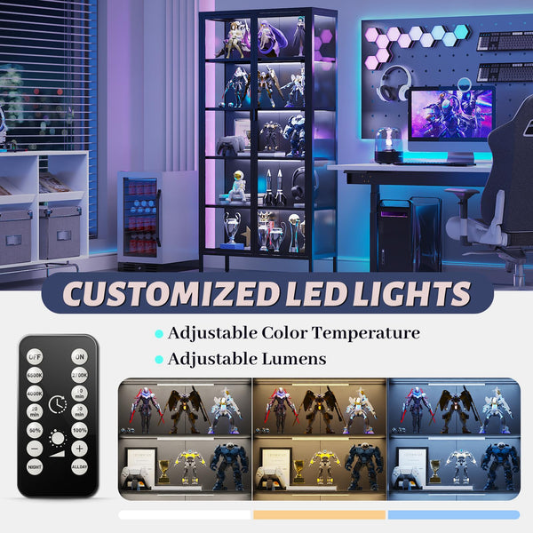 Glass Display Cabinet with LED Sensor Light, 5-Tier Curio Cabinet with Adjustable Shelves