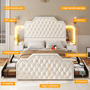 Queen Bed Frame with Storage Drawers, LED & Nightstands