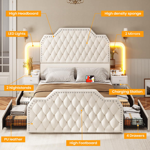 Queen Bed Frame with Storage Drawers, LED & Nightstands