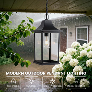 Large Outdoor Pendant Light – Black Aluminum Hanging Lantern with Adjustable Chain