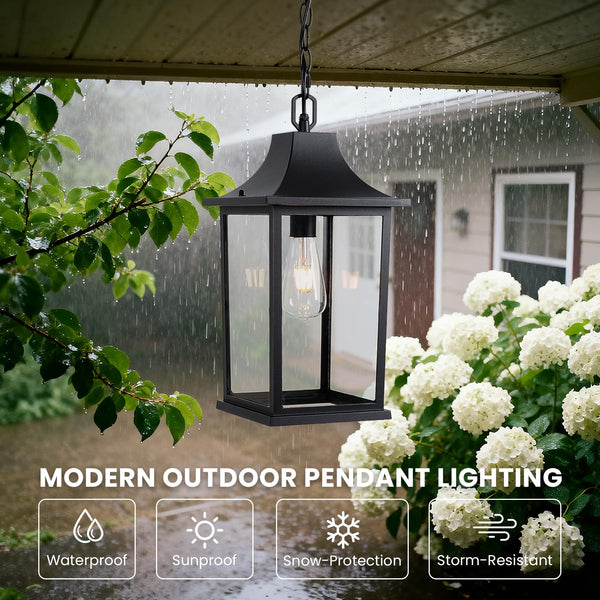Large Outdoor Pendant Light – Black Aluminum Hanging Lantern with Adjustable Chain
