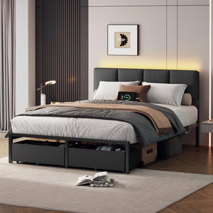 Full Size Bed Frame with LED Lighting, USB Charging & Storage Drawers