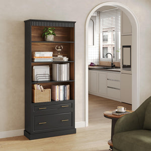 72-Inch Tall Narrow Bookshelf with 2 Drawers, 5-Tier Floor Standing Bookcase