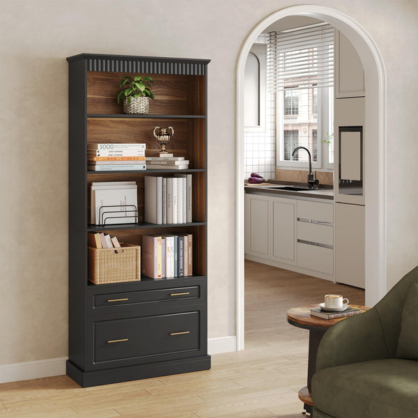 72-Inch Tall Narrow Bookshelf with 2 Drawers, 5-Tier Floor Standing Bookcase