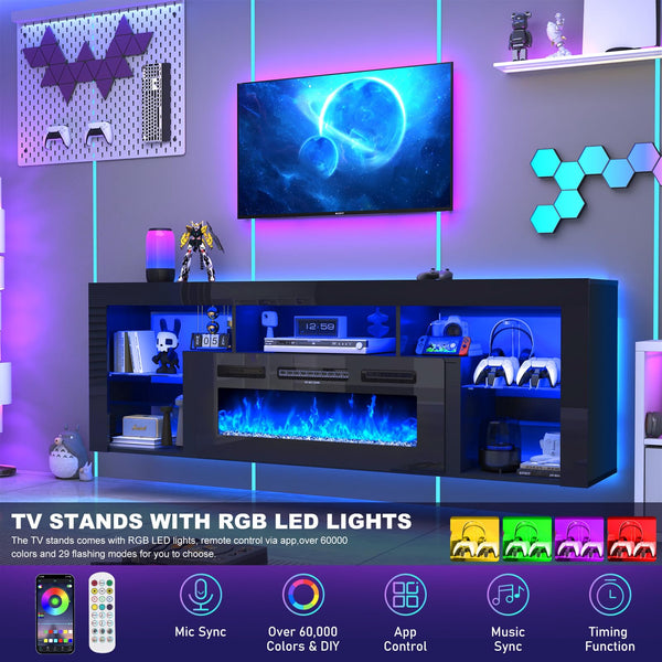 71" Floating Fireplace TV Stand with Electric Fireplace & LED Lights