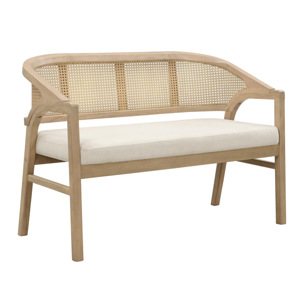 Upholstered Loveseat Sofa with Cane Backrest & Rubberwood Frame