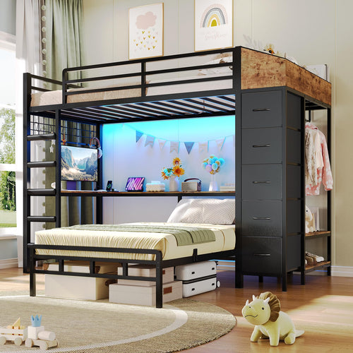 L-Shaped Twin Over Twin Bunk Bed with Storage, Desk & LED Lights